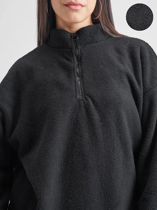 Tokyo Talkies Women Black Solid Pullover High Neck Sweatshirt