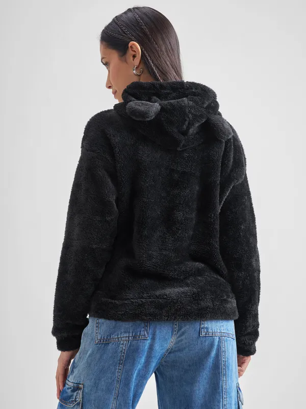 Tokyo Talkies Women Black Solid Pullover Hood Sweatshirt