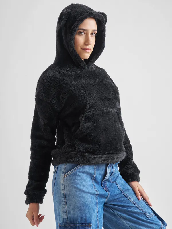 Tokyo Talkies Women Black Solid Pullover Hood Sweatshirt