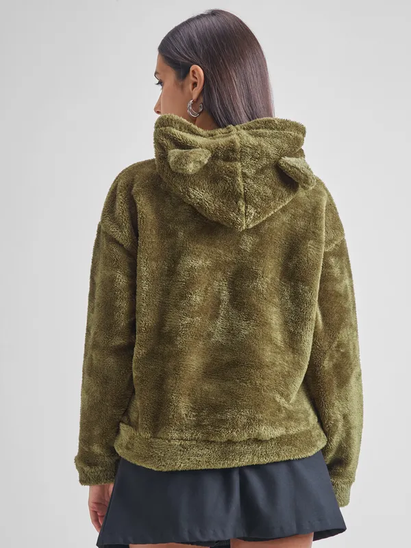 Tokyo Talkies Women Green Solid Pullover Hood Sweatshirt