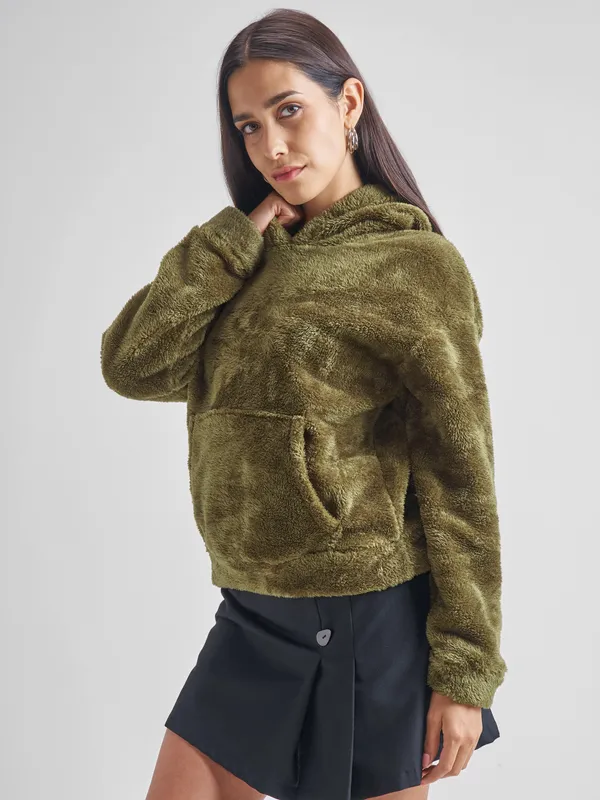 Tokyo Talkies Women Green Solid Pullover Hood Sweatshirt