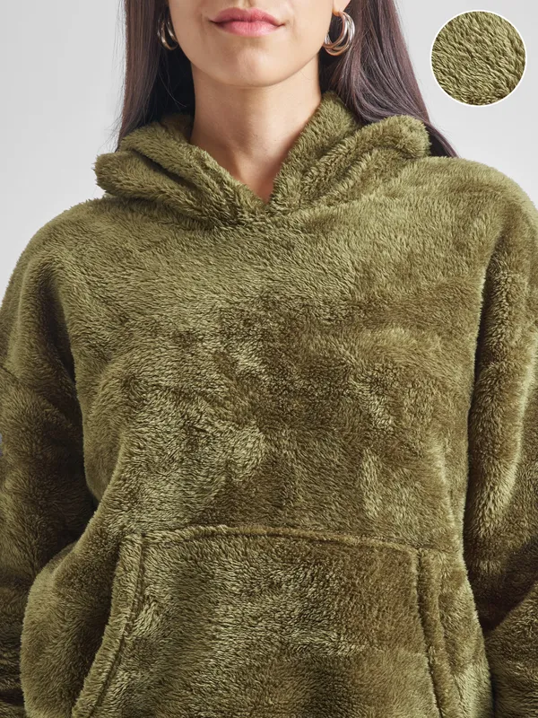 Tokyo Talkies Women Green Solid Pullover Hood Sweatshirt