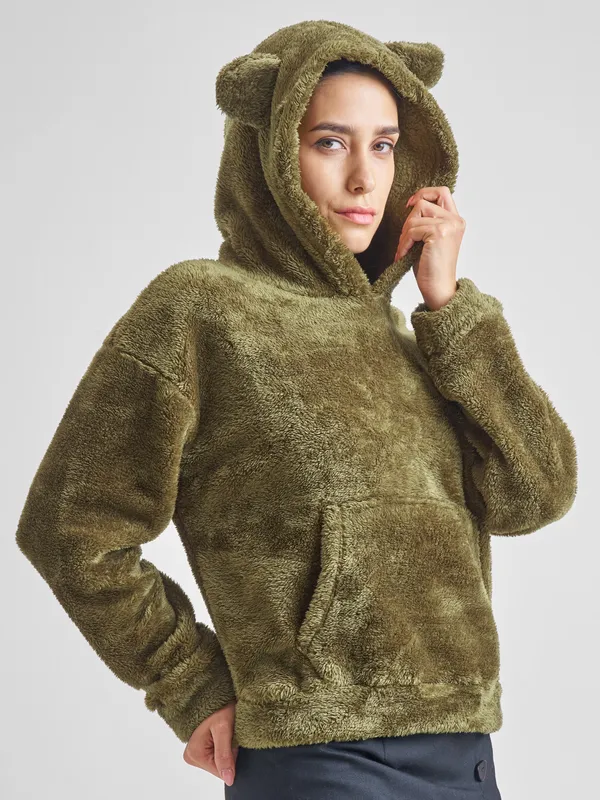 Tokyo Talkies Women Green Solid Pullover Hood Sweatshirt