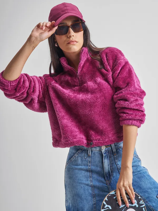 Tokyo Talkies Women Maroon Solid Pullover High Neck Sweatshirt