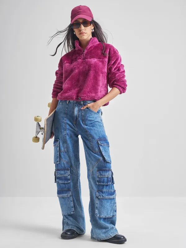 Tokyo Talkies Women Maroon Solid Pullover High Neck Sweatshirt