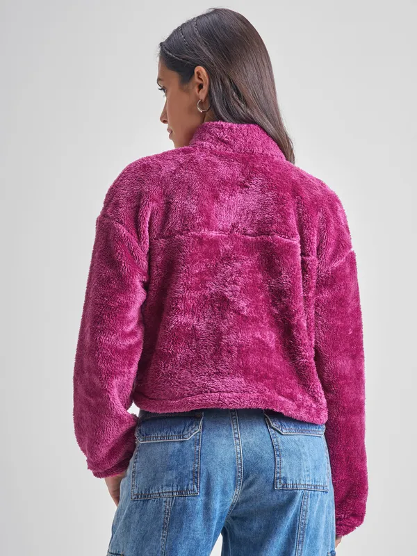 Tokyo Talkies Women Maroon Solid Pullover High Neck Sweatshirt