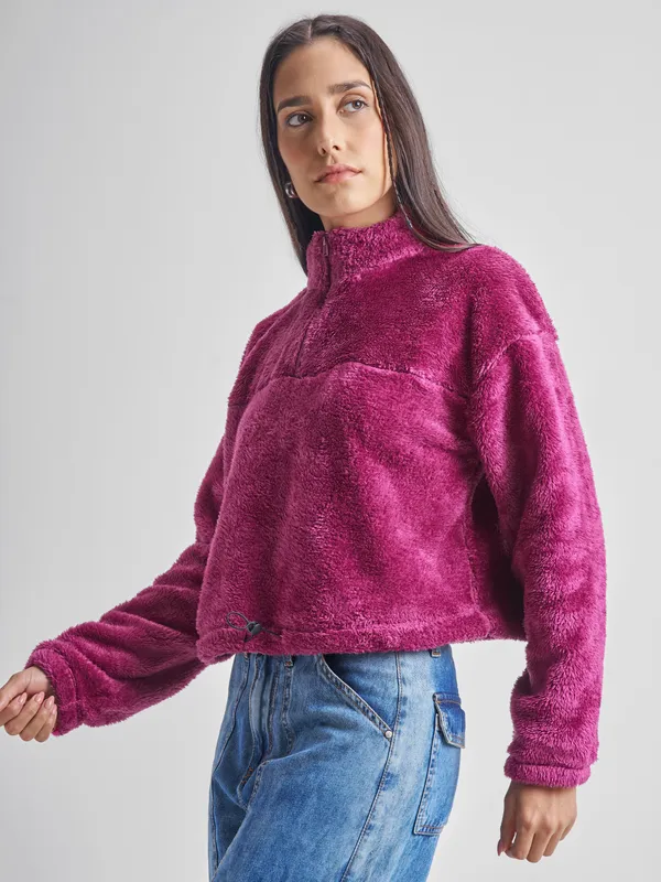 Tokyo Talkies Women Maroon Solid Pullover High Neck Sweatshirt