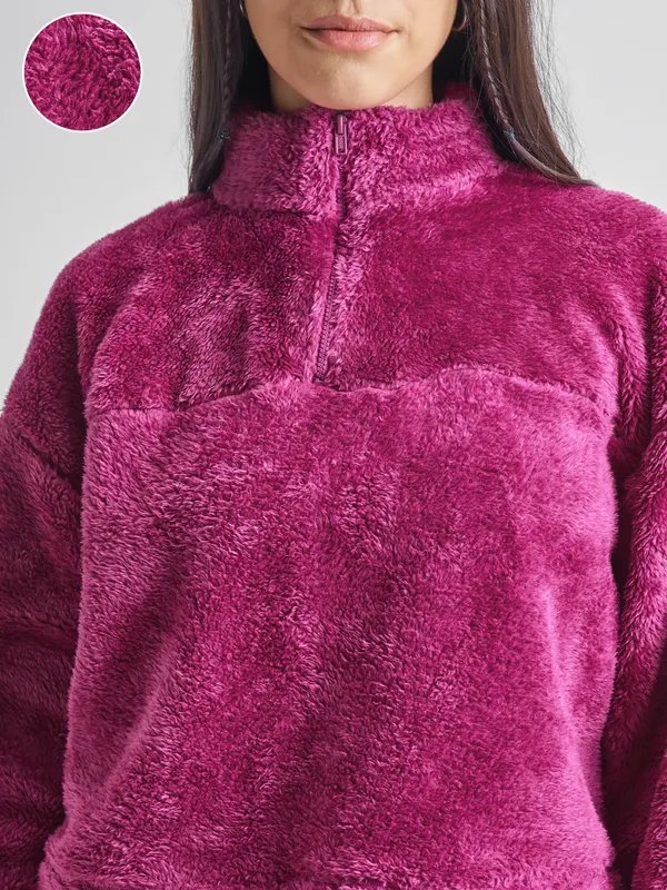 Tokyo Talkies Women Maroon Solid Pullover High Neck Sweatshirt