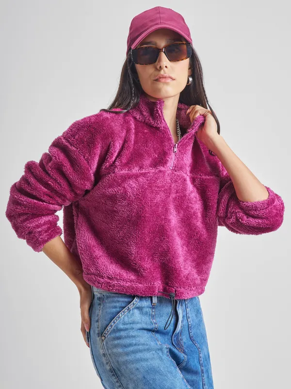 Tokyo Talkies Women Maroon Solid Pullover High Neck Sweatshirt