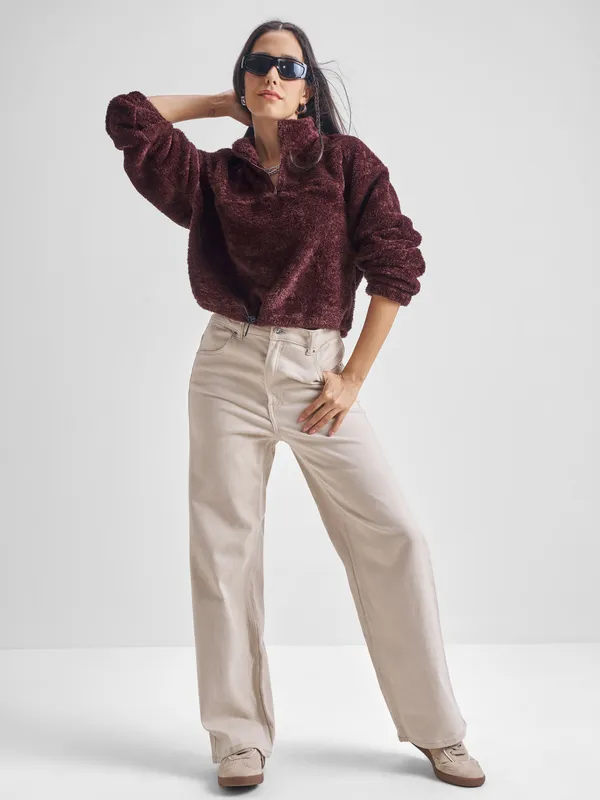 Tokyo Talkies Women Brown Solid Pullover High Neck Sweatshirt