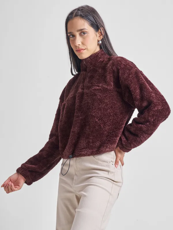 Tokyo Talkies Women Brown Solid Pullover High Neck Sweatshirt