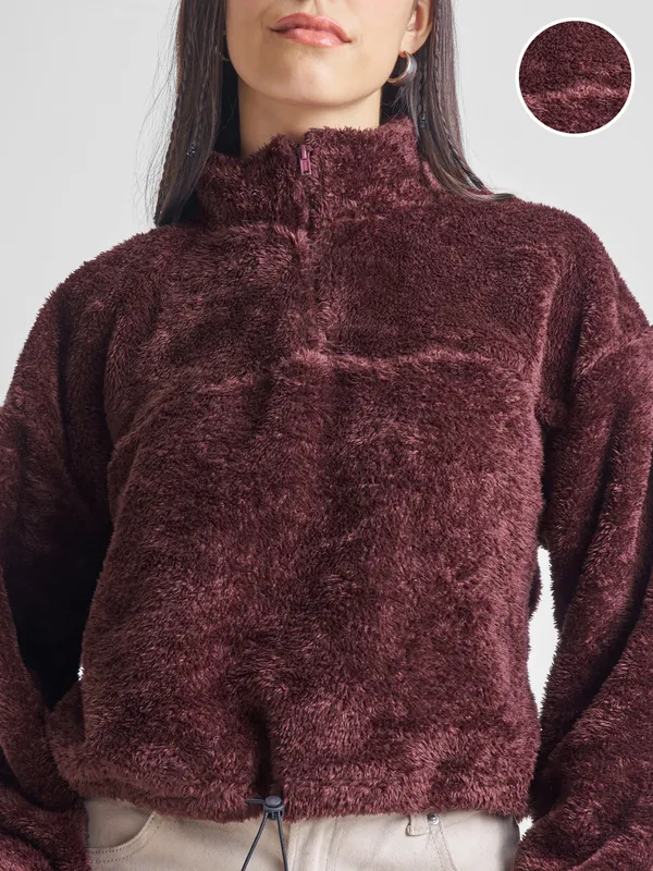 Tokyo Talkies Women Brown Solid Pullover High Neck Sweatshirt