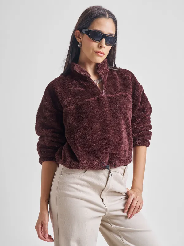 Tokyo Talkies Women Brown Solid Pullover High Neck Sweatshirt