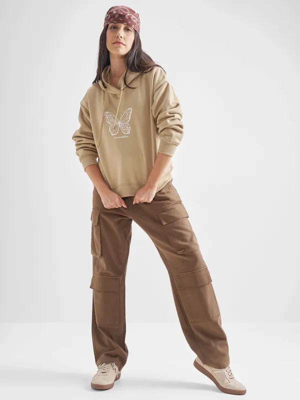 Tokyo Talkies Women Brown Printed Pullover Hood Sweatshirt