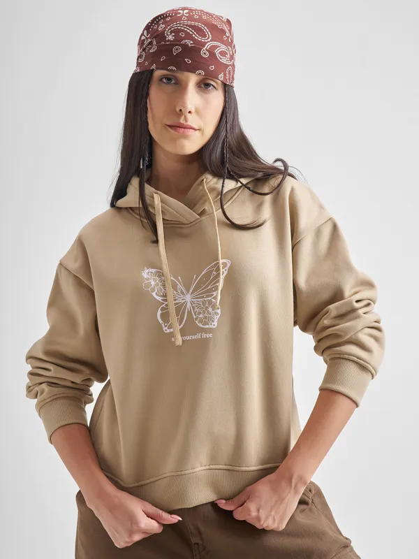 Tokyo Talkies Women Brown Printed Pullover Hood Sweatshirt