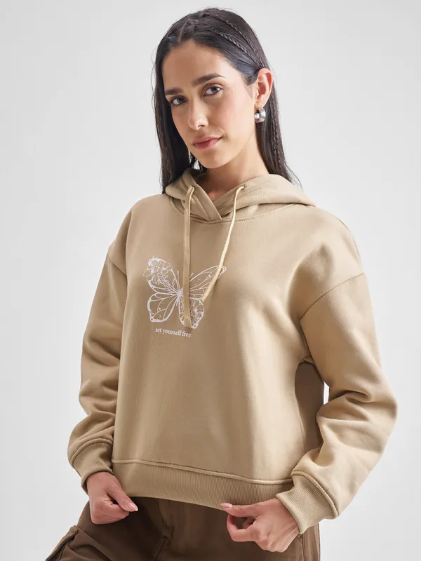 Tokyo Talkies Women Brown Printed Pullover Hood Sweatshirt