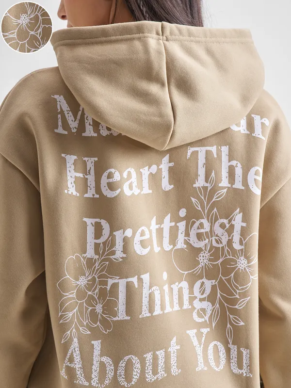 Tokyo Talkies Women Brown Printed Pullover Hood Sweatshirt