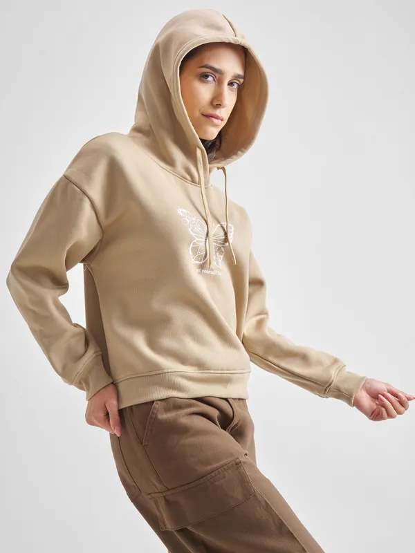 Tokyo Talkies Women Brown Printed Pullover Hood Sweatshirt