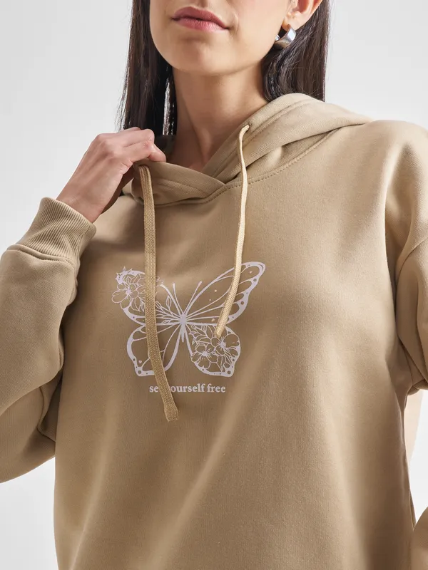 Tokyo Talkies Women Brown Printed Pullover Hood Sweatshirt