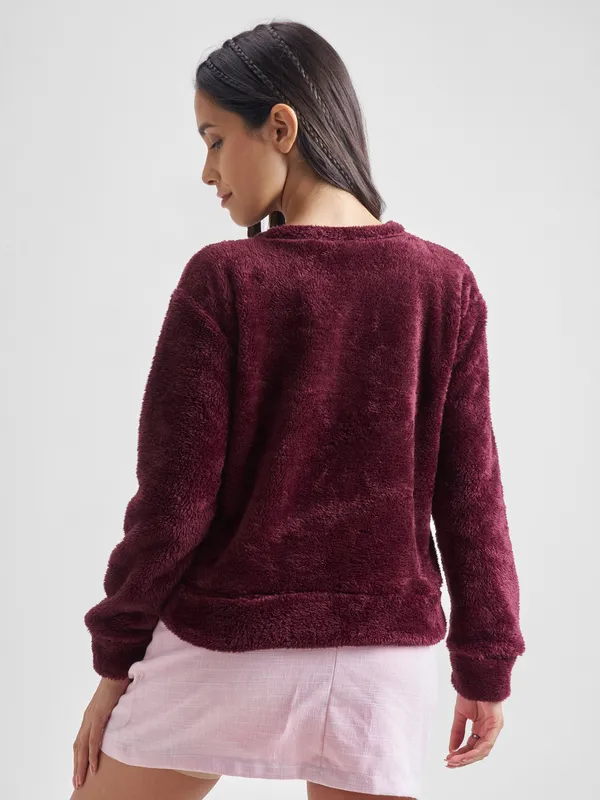 Tokyo Talkies Women Maroon Self Design Pullover Round Neck Sweatshirt