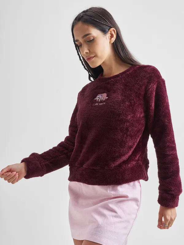Tokyo Talkies Women Maroon Self Design Pullover Round Neck Sweatshirt