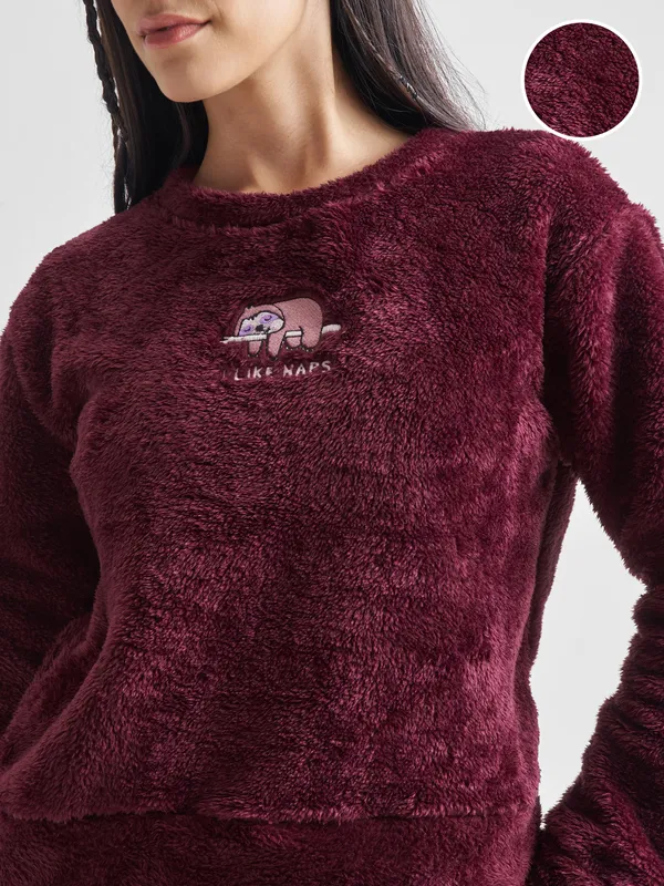 Tokyo Talkies Women Maroon Self Design Pullover Round Neck Sweatshirt