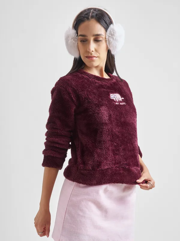 Tokyo Talkies Women Maroon Self Design Pullover Round Neck Sweatshirt