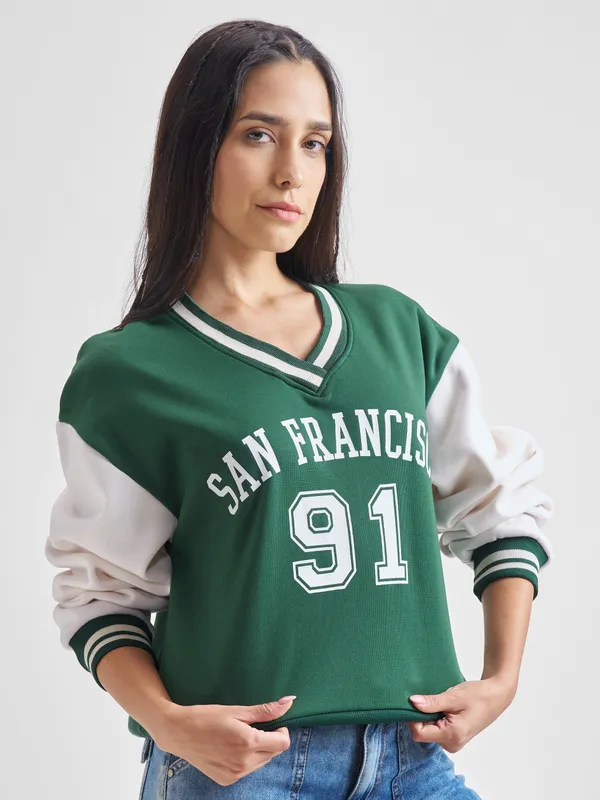  Tokyo Talkies Women Green V-Neck Sweatshirts