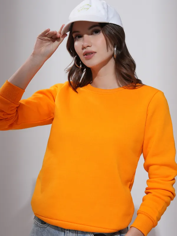 Tokyo Talkies Women Orange Solid Pullover Round Neck Sweatshirt