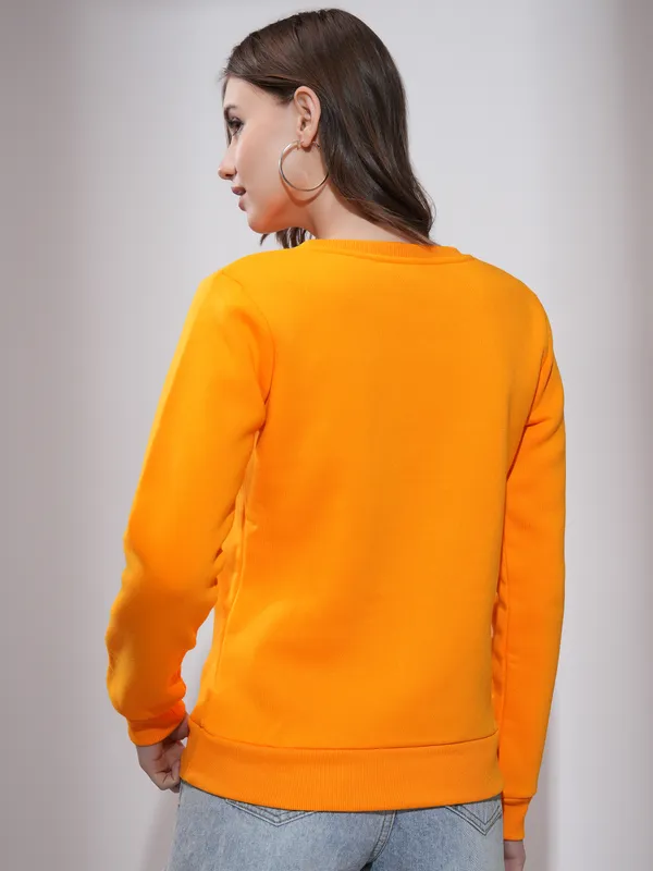 Tokyo Talkies Women Orange Solid Pullover Round Neck Sweatshirt