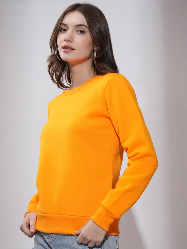Tokyo Talkies Women Orange Solid Pullover Round Neck Sweatshirt