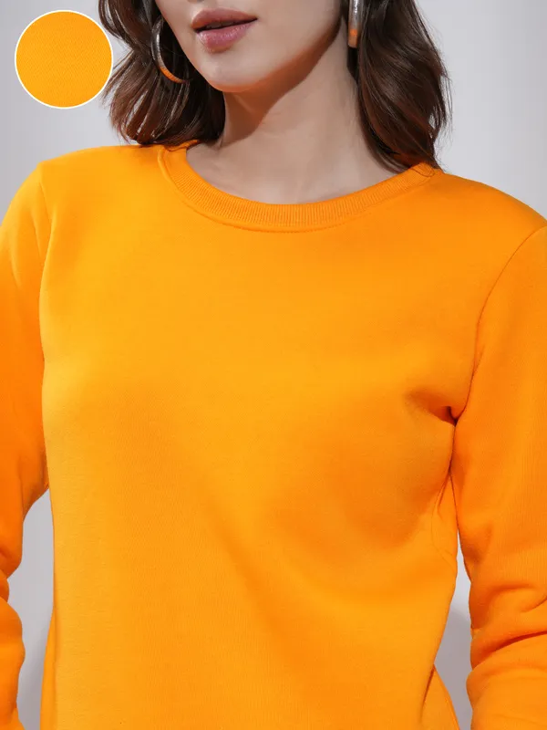 Tokyo Talkies Women Orange Solid Pullover Round Neck Sweatshirt