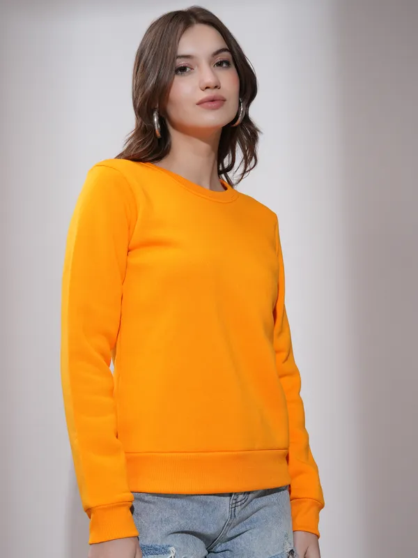 Tokyo Talkies Women Orange Solid Pullover Round Neck Sweatshirt
