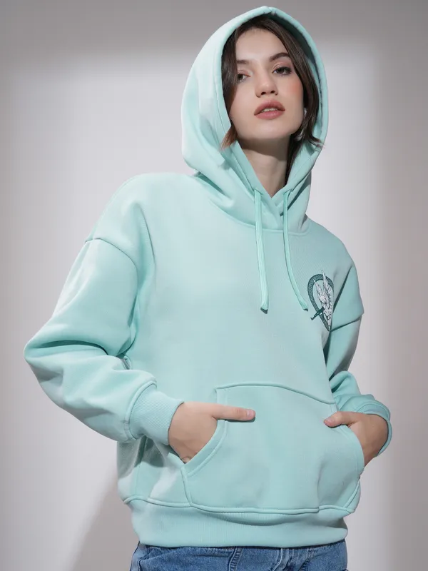 Tokyo Talkies Women Blue Hooded Sweatshirt