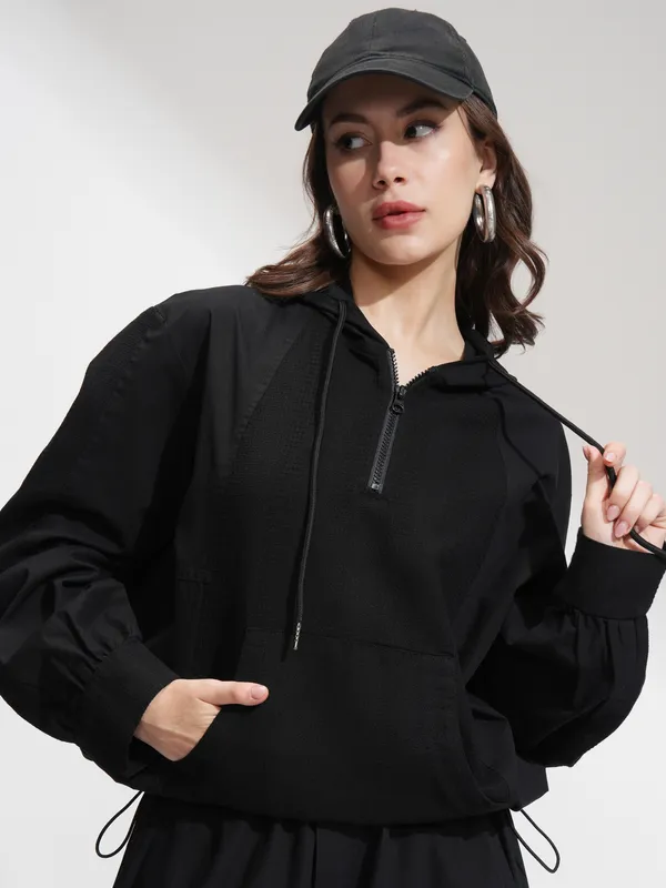 Tokyo Talkies Women Black Hoodie Sweatshirt