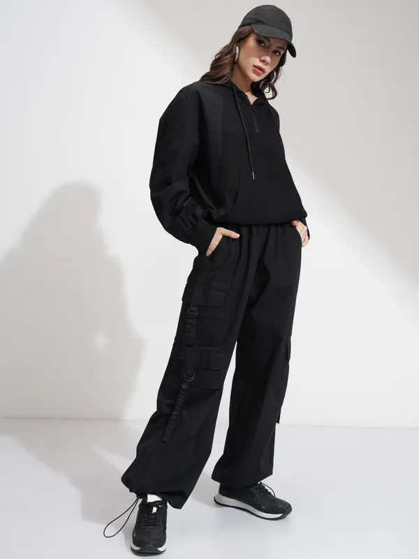 Tokyo Talkies Women Black Hoodie Sweatshirt