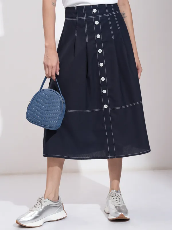 Tokyo Talkies Women Navy Blue Midi Skirt
