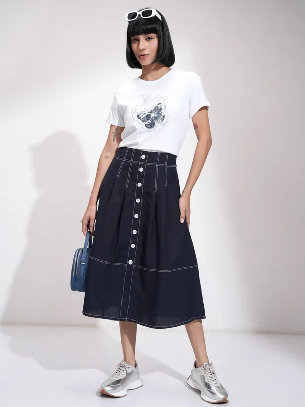 Tokyo Talkies Women Navy Blue Midi Skirt