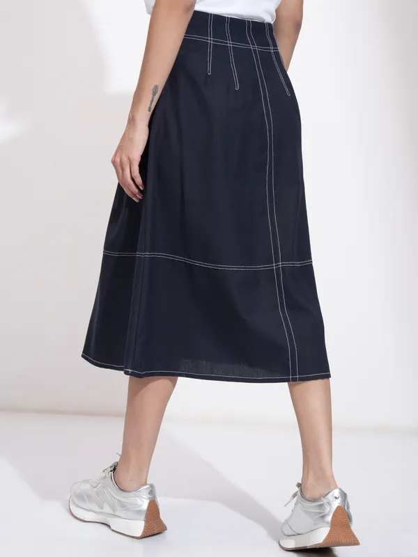 Tokyo Talkies Women Navy Blue Midi Skirt