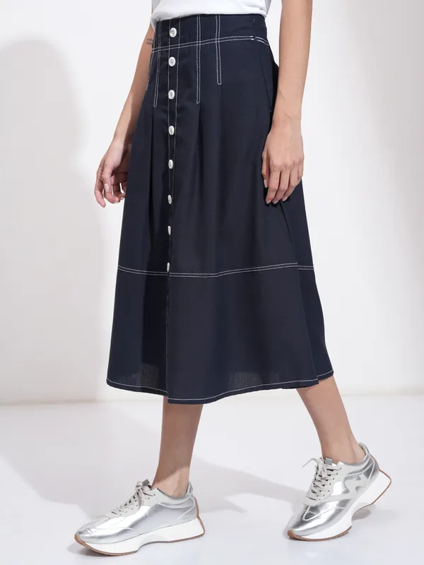 Tokyo Talkies Women Navy Blue Midi Skirt