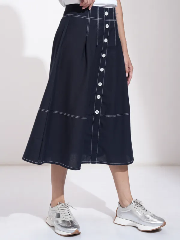 Tokyo Talkies Women Navy Blue Midi Skirt