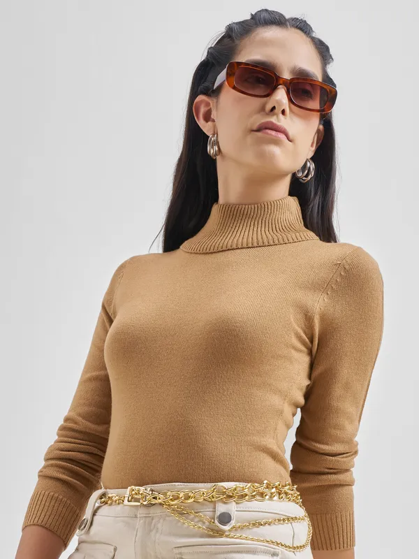  Tokyo Talkies Women Beige Turtle Neck Sweaters