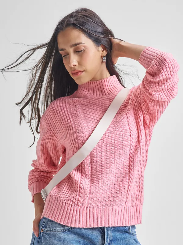 Tokyo Talkies Women Pink High Neck Sweater