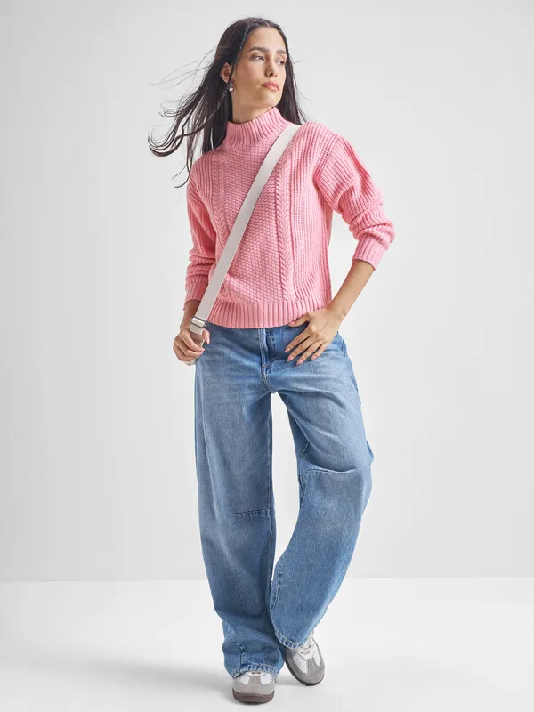 Tokyo Talkies Women Pink High Neck Sweater