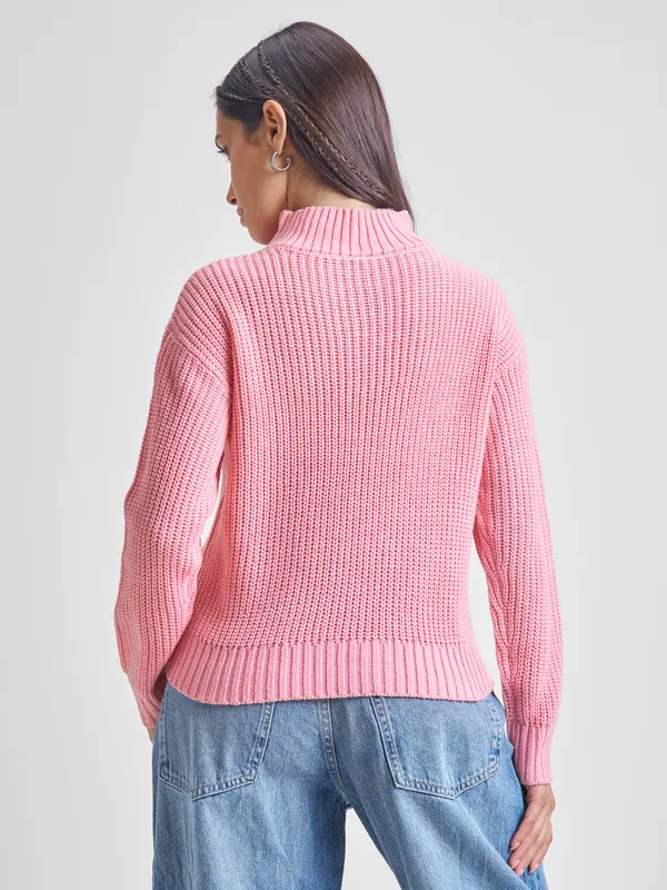 Tokyo Talkies Women Pink High Neck Sweater