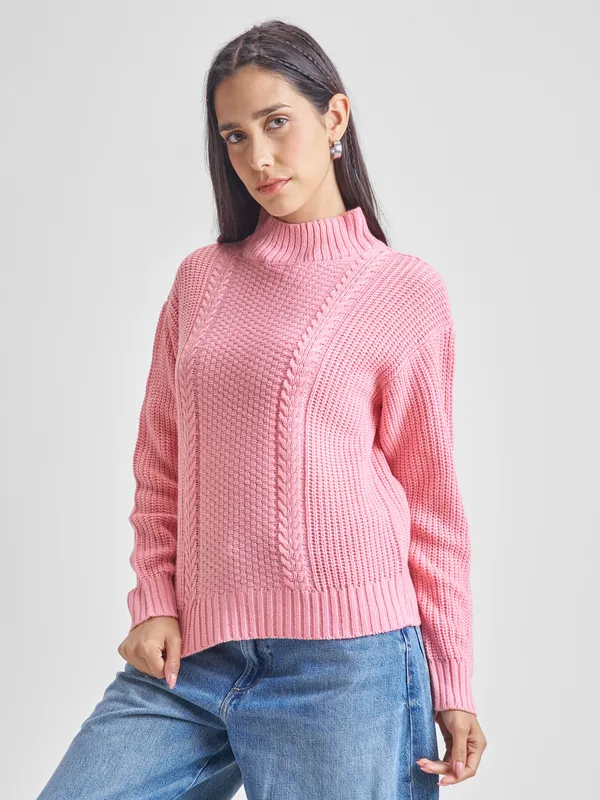 Tokyo Talkies Women Pink High Neck Sweater