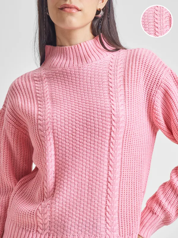 Tokyo Talkies Women Pink High Neck Sweater