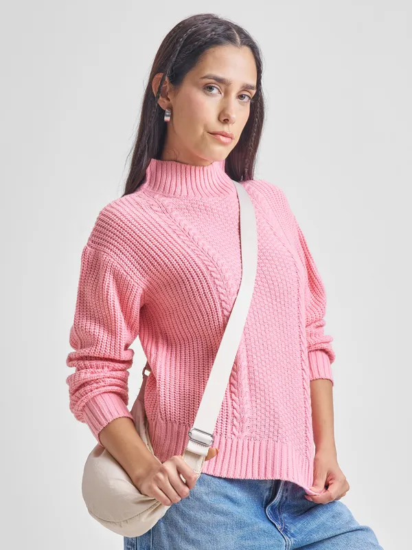 Tokyo Talkies Women Pink High Neck Sweater
