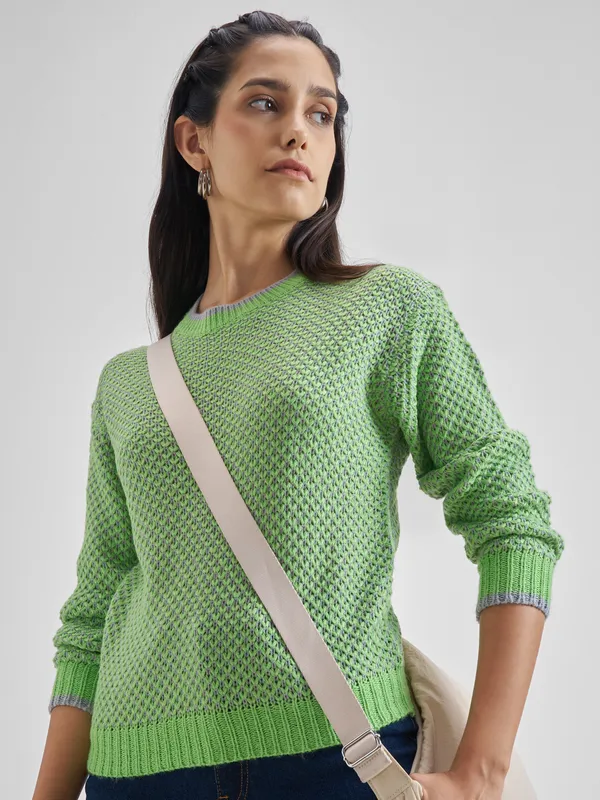 Tokyo Talkies Women Green Round Neck Sweater