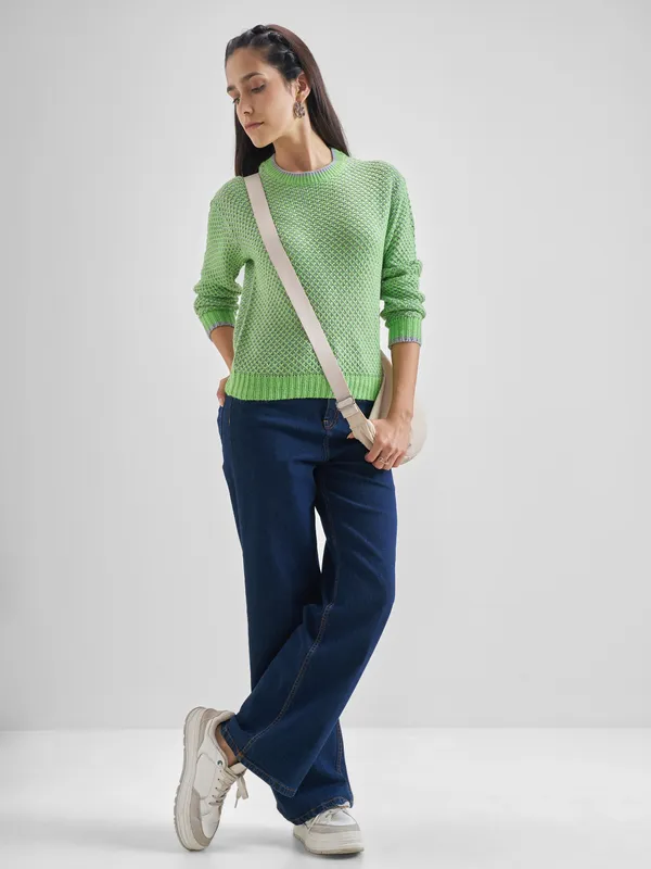 Tokyo Talkies Women Green Round Neck Sweater